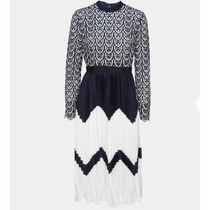 Self-Portrait Dress Crochet Pleated Skirt Midi Dress Navy Blue White UK 10 US 6